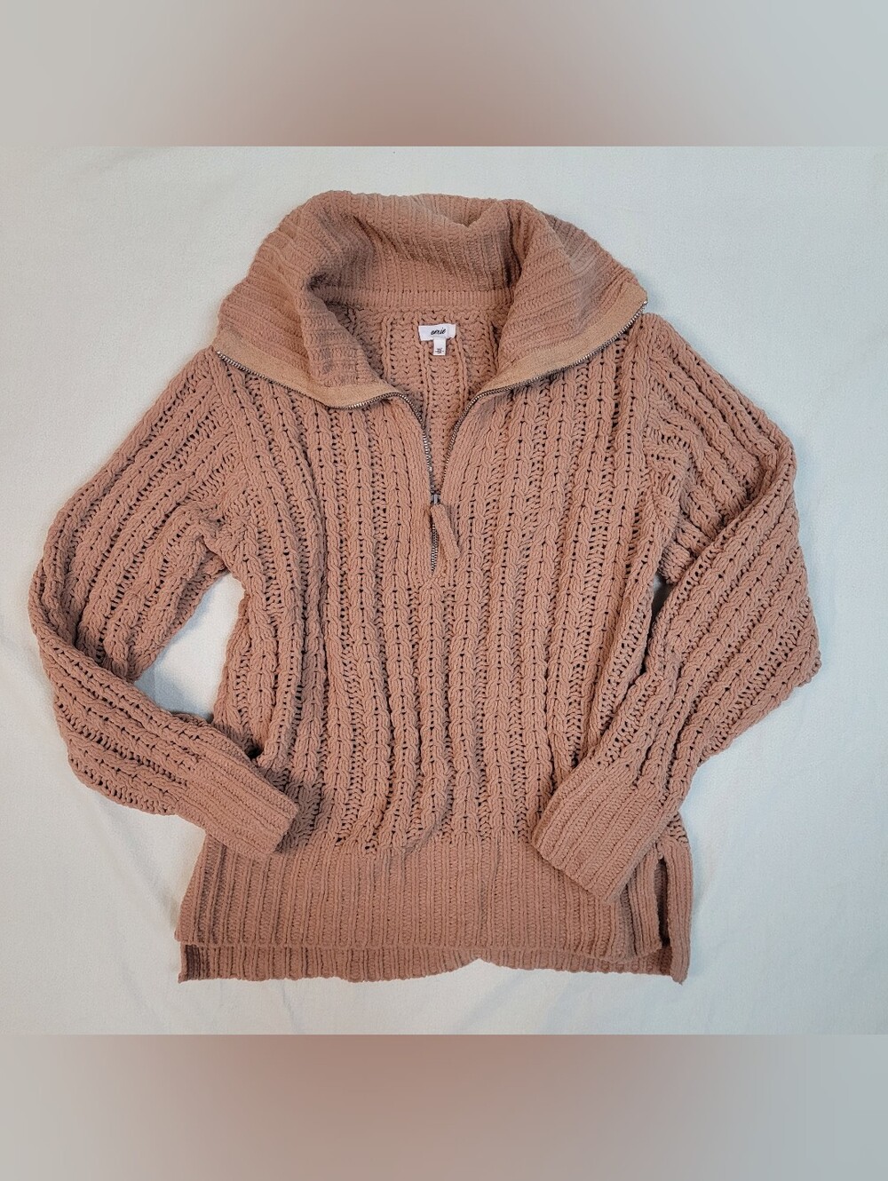 Aerie Cable Car Quarter Zip Sweater, Womens XXS, Chenille Copper Gold Brown Cozy